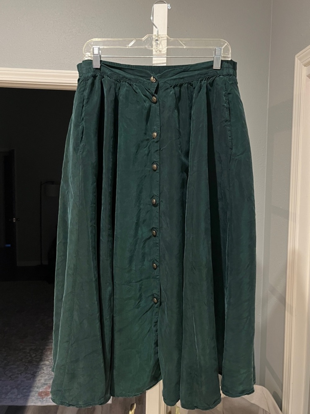 Vintage Bechamel Deep Green Brass Button-Front Maxi Skirt